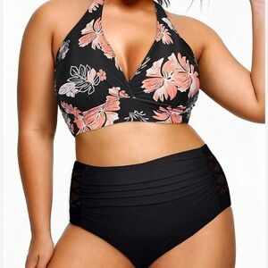 Yonique black 2 piece swim suit floral top and solid bottoms